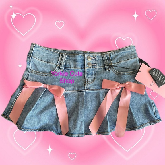 New Juicy Couture Coquette Denim Pleated Skirt with Satin Bows - Picture 1 of 6